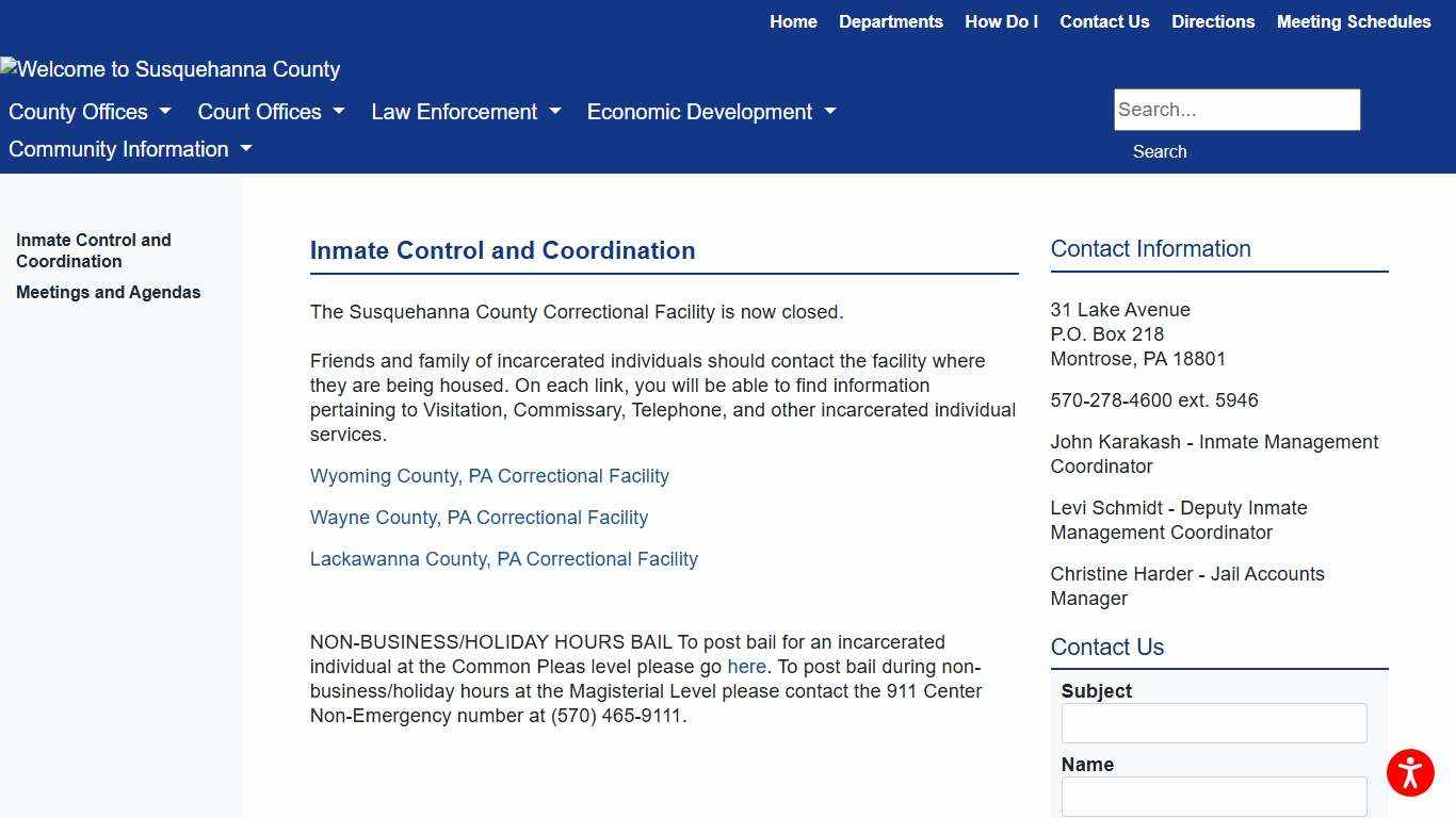 Susquehanna County - Inmate Control and Coordination